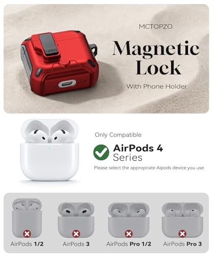 Image of for AirPods 4 Case with Lock (Red) | Compatible with MagSafe,with Phone Stand,with Automatic Snap Switch Carbon Fiber Design Protection Cover with Cleaning Pen