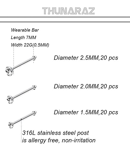 Thunaraz 60Pcs Stainless Steel Nose Studs Rings Piercing Pin Body Jewelry 22G 1.5Mm 2Mm 2.5Mm White #TOP4