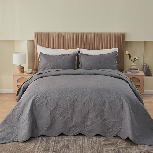 Image of Kingnex Oversized King Bedspreads 128x120 Extra Wide for Tall King or Cal King Bed Ultrasonic Quilted Coverlet Set 3 Piece Include 1 Quilt 2 Pillowcases Dark Grey