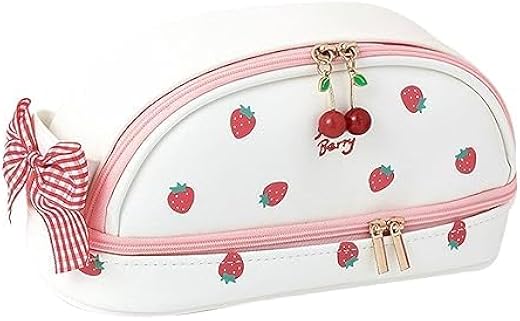 M.F.H Strawberry Print Makeup & Pencil Pouch for Girls | Cute Pink Travel Cosmetic Bag with Bow, Dual Zipper & Spacious St...