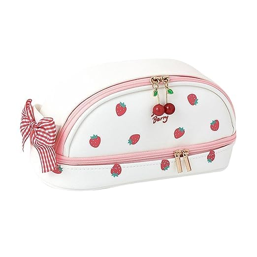 Image of M.F.H Strawberry Print Makeup & Pencil Pouch for Girls | Cute Pink Travel Cosmetic Bag with Bow, Dual Zipper & Spacious Storage | Stylish Stationery Organizer (Pack of 1)