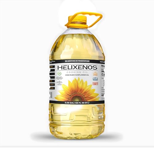 HELIXENOS High Oleic Sunflower Oil – Refined, Deodorized & Winterized, Non-GMO, Gluten-Free, Heart-Healthy Cooking Oil for Frying, Baking, Salad Dressing & Skincare – (169 Fl Oz x1)