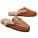 Minorsu Buckle Fur Brown Mules for Women Slip on Loafers Closed Round Toe Backless Flat Mules Comfortable Slides Shoes