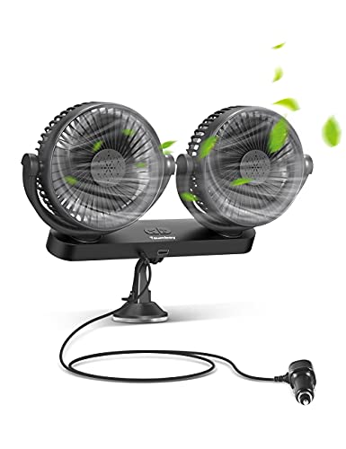 Tsumbay 12V/24V Dual Head Car Fan, Electric Car Cooling Fan,3 Speed Adjustable Fans Cigarette Lighter Charging, Quiet Strong Wind Force Air Circulator Fan with 360° Rotatable for Truck SUV RV Boat