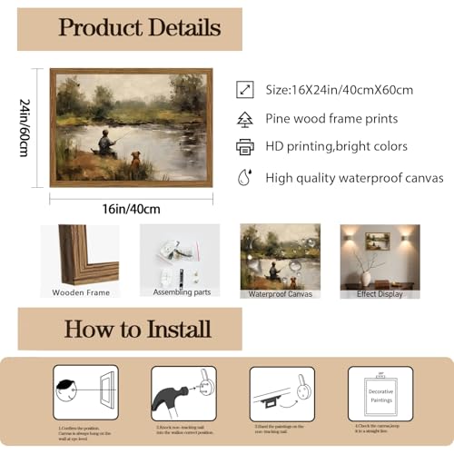 Image of Vintage Wall Art, Boy Fishing Wall Decor Paintings, Dog and Boy Landscape Canvas Prints Vintage Country Farmhouse Artwork for Bedroom Living Room 24x16 inch Wood Framed