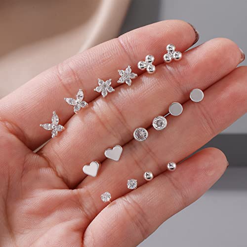 Pretole 8 Pairs Sterling Silver Stud Earrings For Women,S925 Silver Tiny Stud Earrings Set For Multiple Piercing Cartilage Hypoallergenic Earrings Cubic Zirconia Small Stud Earrings For Girls Men #TOP4