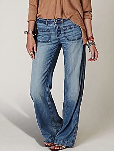 Flamingals Women's Vintage Low Waisted Wide Leg Jeans With 2 Pockets Mid Blue M #TOP3