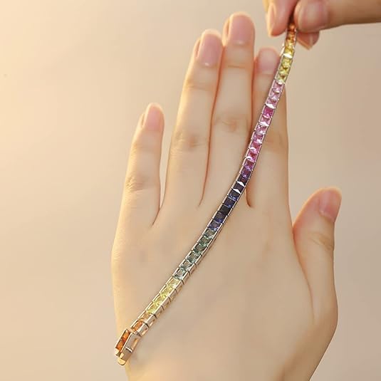 Rainbow Tennis Bracelet 4mm Lab Created Rainbow Sapphire Gemstone Tennis Bracelet,Sterling 925 Silver Iridescent Gemstone Bracelets for Woman Gift 6