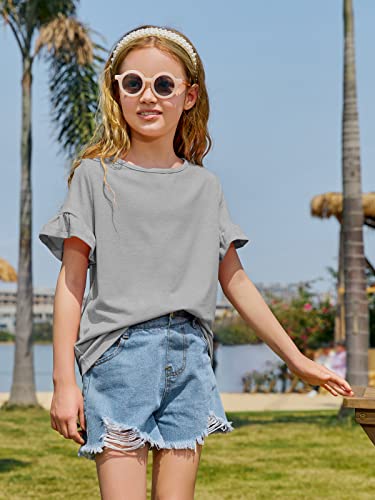 Kingdenergy Girls Summer Cute T Shirt Short Ruffle Sleeve Basic Soft Casual Plain Tunic Tops Tees Z-Grey #TOP3
