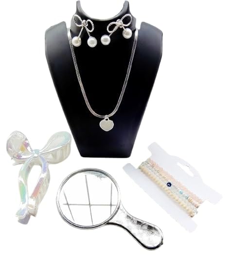 Image of White Gift Hamper Combo for Women & Girls Sliver Trendy Bow Earrings & Chain, Hand Mirror, Bow Hair Clip, and (Set Of 4) Hand Braclates, for Gifting Purpose & Personal Use Multi Accessories In Box