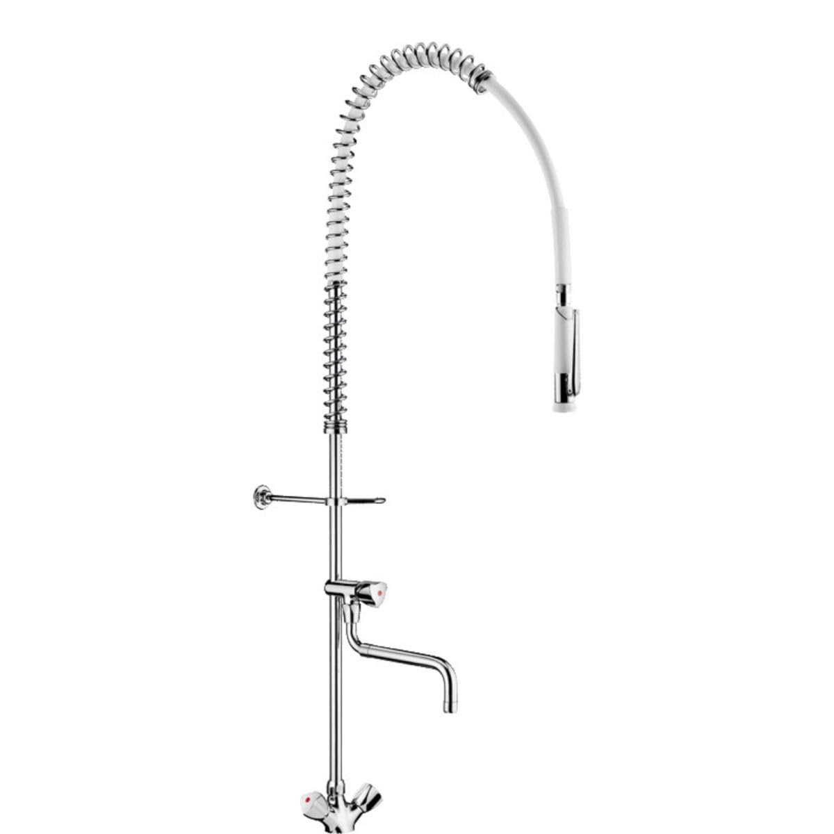 Delabie - Ensemble de prelavage avec melangeur monotrou et robinet de puisage a bec telescopique. flexible et douchette blancs