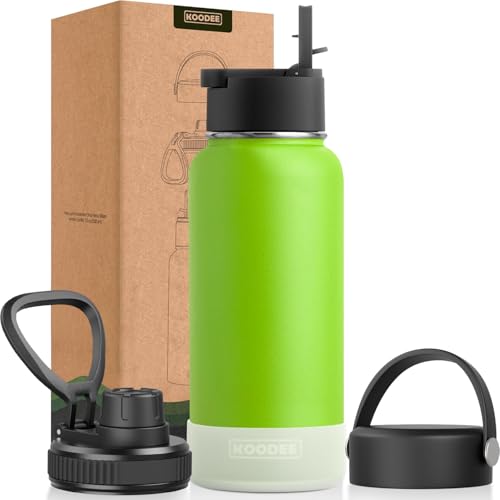Image of koodee 32 oz Water Bottle Stainless Steel Vacuum Insulated Sports Water Bottle with 3 Lids-Reuable Double Wall Metal Water Flask Leakproof, BPA Free(Apple Green)