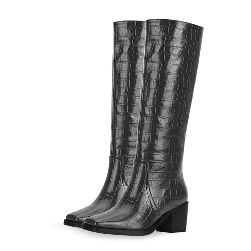 Women's Chunky Heel Square Toe Knee High Boots Slip On Patent Leather Crocodile Boots3