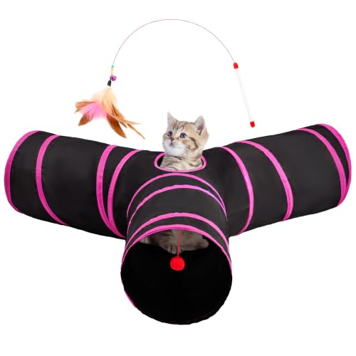 Image of Tempcore Cat Tunnel, 3-Way Collapsible Toy, Large Size Black & Rose Red | Large Size 3-Way Cat Tunnel Provides More Room for Cats to Run, Hide and Chase, with Peek Holes, Hanging Ball and Teaser Wand