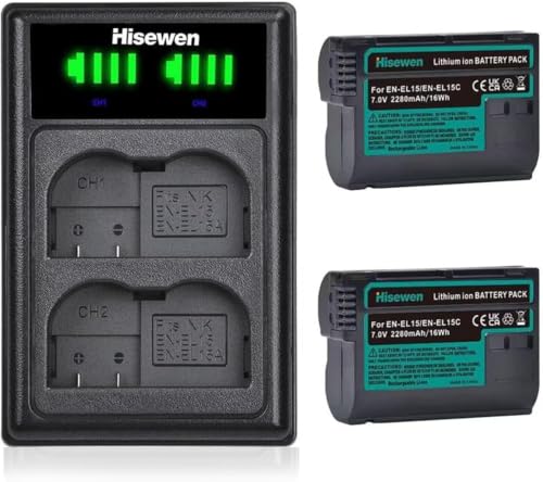 Hisewen 2Pack EN EL15C   Batería y cargador para Nikon D850, D750, D810, D7500, Z6, Z6 II, Z6III, Z7, Z7II, Z8, D7200, D7100, D7000, 1V1, D500, D600, D610, D610, D610 800, DC. 800E, D810A