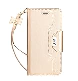 FYY iPhone 8 Case, iPhone 7 Case, [RFID Blocking wallet] [Makeup Mirror] Premium PU Leather iPhone 7/8 Wallet Case with Cosmetic Mirror and Bow-knot Strap Gold+Gold