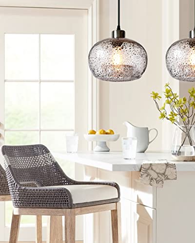 CASAMOTION Pendant Lighting Handblown Glass Drop Ceiling Lights, Modern Rustic Hanging Light Clear Seeded Glass with Black Sand Powder, Brushed Nickel Finish 8.7 Inch Diameter