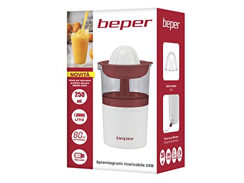 BEPER P102EST100 Zitronenpresse, Elektrischer Entsafter, wiederaufladbare Saftpresse, 250 ML, 20W, USB Kabel, Rot/Weiß