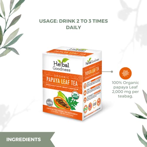 Herbal Goodness - Organic Papaya Leaf Extract Tea for Platelets 24 Bags - Natural Blood Platelet Tea with Papaya Enzymes - For Immune Gut and Digestive Health - Manufaca