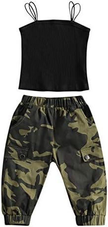 Toddler Baby Girl Summer Fall Outfits Strap Sleeveless Crop Top + Camouflage Pants 2pcs Clothes Set Tracksuit (Black, 4-5T)