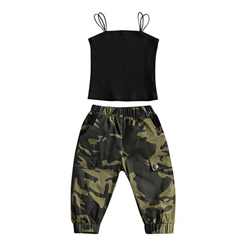 Toddler Baby Girl Summer Fall Outfits Strap Sleeveless Crop Top + Camouflage Pants 2Pcs Clothes Set Tracksuit (Black, 4-5T) #TOP4