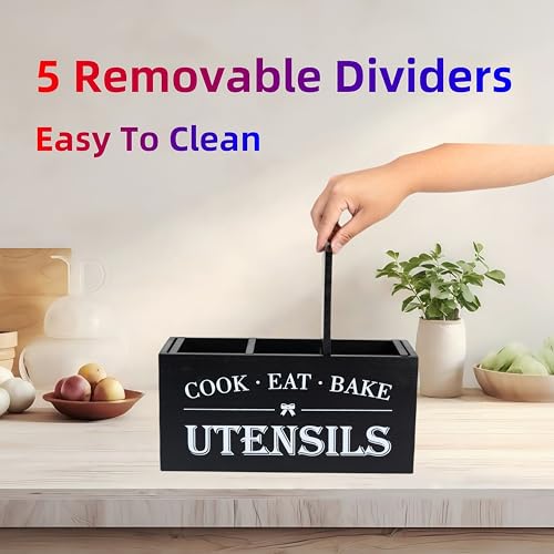 Utensil Holder,Large Wooden Utensil Holder For Kitchen Counter,Cooking Spatula Organizer,Big Storage Caddy With 3 Compartments Flatware Spoon Tool Cutlery(Black)