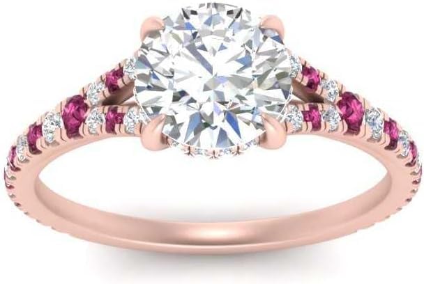 Image of Choose Your Gemstone Round Split Halo Pave Diamond CZ Ring Rose Gold Plated Round Shape Halo Engagement Rings Matching Jewelry Wedding Jewelry Easy to Wear Gifts US Size 4 to 12