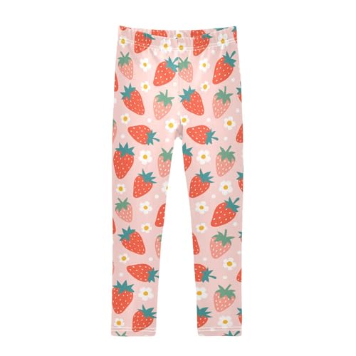 Strawberry and Flowers Girls Leggings,Workout Leggings for Girls Toddler Athletic Leggings Size for 3-10T