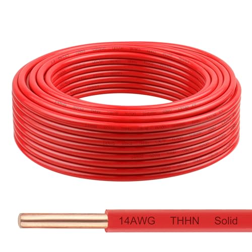 THHN Wire 14 Gauge 50 FT 14 AWG Solid OFC Copper Electrical Building Wire with Nylon Jacket PVC Insulation Rated 600V for Residential Industrial CNC Ground (14 Gauge Red)