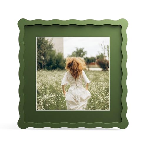 THKRLOF 10x10 Picture Frame with Mat for 8x8 Wavy Edge Wooden Real Glass Photo Frame for Tabletop and Wall Hanging Green 1 Pack