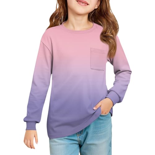 Girls Long Sleeve Crewneck T-Shirt with Pocket Soft Casual Top for Kids Comfortable Everyday Wear