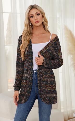 Image of DB MOON Womens Long Cardigan Sweater Lightweight Open Front Long Sleeve Outfits with Pockets XL, Brown Floral 02
