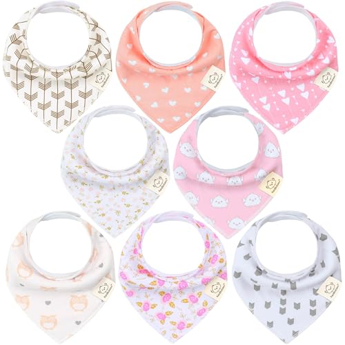 KeaBabies 8-Pack Organic Baby Bandana Bibs for Girls - Super Absorbent Triangle Baby Bibs for Drooling and Teething Infant, 100% Cotton Extra Soft for Newborn, Infant 0-36 Months (Pink Dreams)