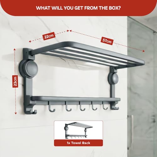 Image of Amazon Basics Suction Towel Rack for Bathroom | Rustproof Wall - Mounted Towel Holder with Hooks | Strong Vacuum Grip, No Drilling Required Grey