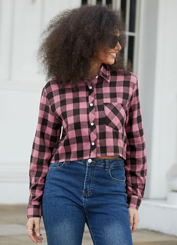 Image of SANGTREE Women and Girls Long Sleeve Flannel Casual Button Down Plaid Shirt