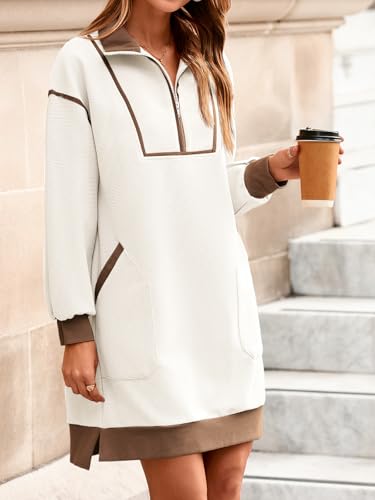 Image of Wenrine Womens Half Zip Sweatshirt Dress Fall V Neck Contrast Mini Dresses