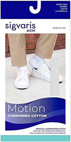 Image of Sigvaris Men's Motion Cushioned Cotton 360 Closed Toe Calf-High Socks 20-30mmHg - Whie - Small Long