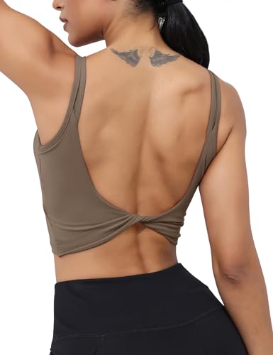 Image of LUYAA Womens Workout Sports Bras Backless Padded Yoga Tank Tops Crop Twist Low Back Cami Bra for Gym