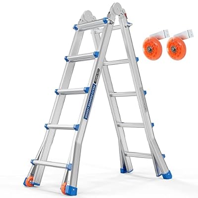 LUISLADDERS Ladder, A Frame 5 Step Ladder Telescoping Ladder, 19 Ft Reach Height Muti Position Folding Ladder Flared Leg & Wheels Design, 330 lbs Capacity Extension Ladder for Household Outdoor Work