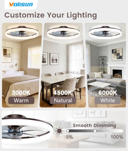 Image of VOLISUN Low Profile Ceiling Fans with Lights and Remote, 24in Fandelier Ceiling Fan Flush Mount, 3000K-6500K Smart Bladeless LED Fan Light, Brown Modern Ceiling Fans with Lights for Bedroom