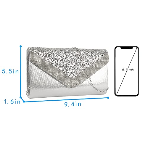 Image of Queena Womens Shiny Glitter Evening Clutch Envelope Handbag Chain Purse for Wedding Party Prom Gift for Mom Wife Girlfriend