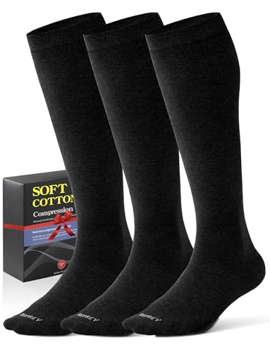 Men's Cotton Compression Socks Men 20-30mmHg - Knee High Black Compression Socks Support for Running Hiking Climbing