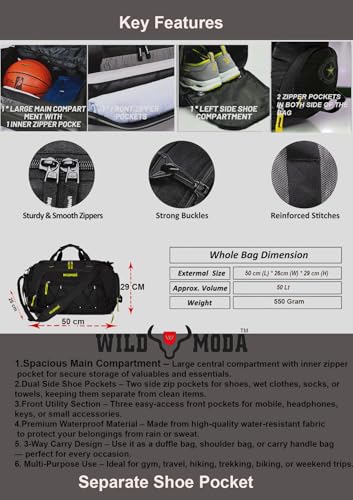 Image of 50L Duffel Travel Bag with Multiple Pockets | Ideal for Gym & Outdoor Trips (Black & Yellow)