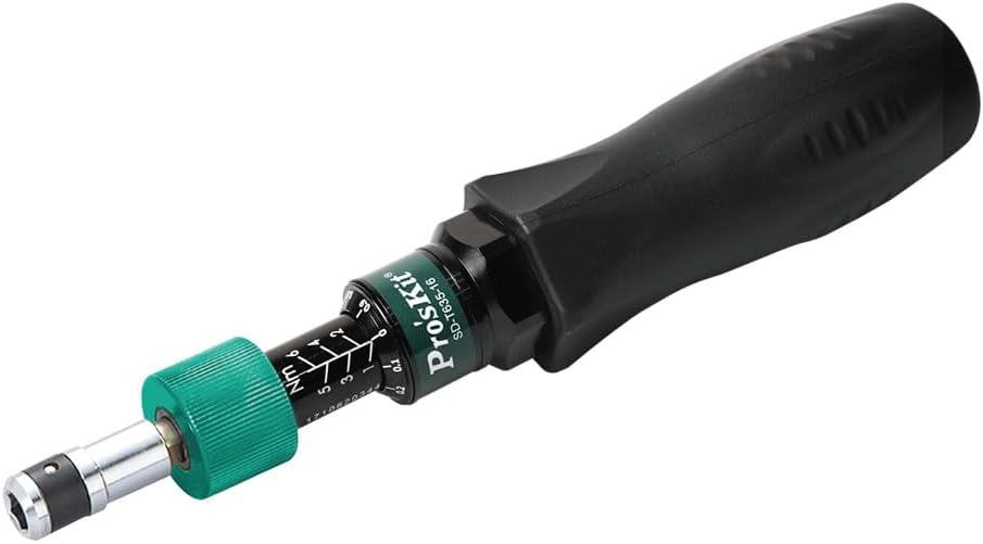 Pro'sKit SDT63516 Adjustable Torque Screwdriver, showing its black handle, green adjustment ring, and metal bit holder.