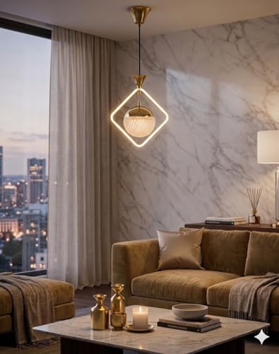 Image of Darkvision Modern LED Hanging Ceiling Light for Living Room | Contemporary Pendant Fixture Gold Sqaure Pendant Light | 3 in 1 Color Changing Lighting for Dining Room, Kitchen Restaurant and Home Decor