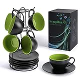 MIAMIO – 6 x 175ml Cappuccino Tassen/Cappuccinotassen Set Außen Schwarz Innen Farbig - Le Papillon Kollektion (Grün)