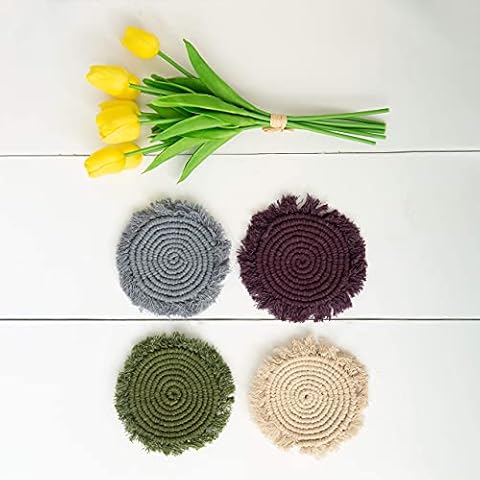 Cute Boho Macrame Coasters for Drinks Absorbent and Coffee Set of 4 Rustic Earth Tone Farmhouse Coasters Table Decor Bohemian, Coaster for wooden table. Cover