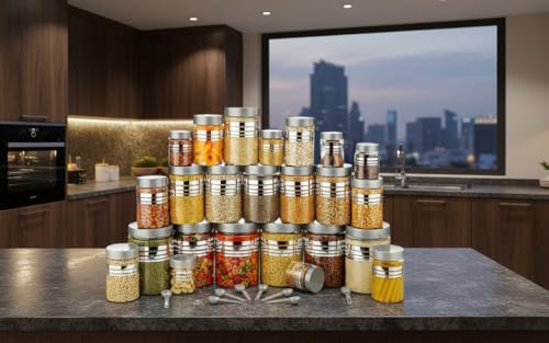 Image of 24-Piece Plastic Storage Jar Set | Airtight Food Containers with Spoons | Multi-Size Pantry Organiser 250ml to 1200ml | Silver Line Print | Improved Model