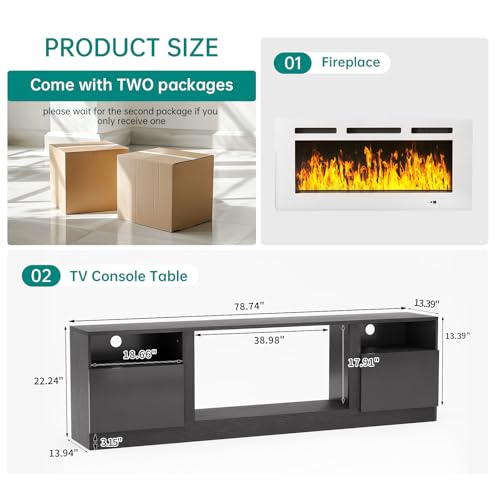 Image of MXV 80 inch Fireplace TV Stand for TVs Up to 90 inch, LED Light Entertainment Center with 36 inch Electric Fireplace, Modern Wood Texture TV Media Console with Highlight Storage Cabinet, Black-White