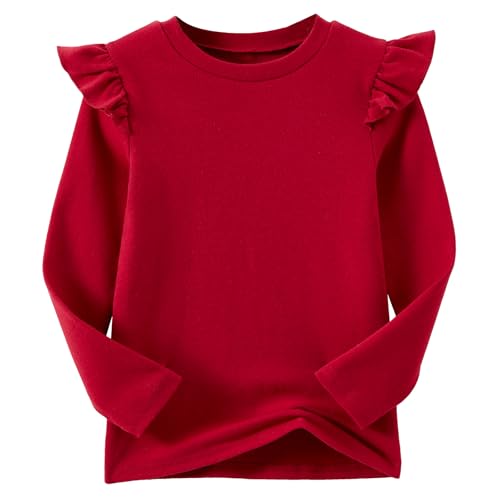 Niyage Girls Cotton Long Sleeve T-Shirt Toddler Comfort Soft Thick Basic Crewneck Tee Tops with Ruffles Trim Wine Red 120